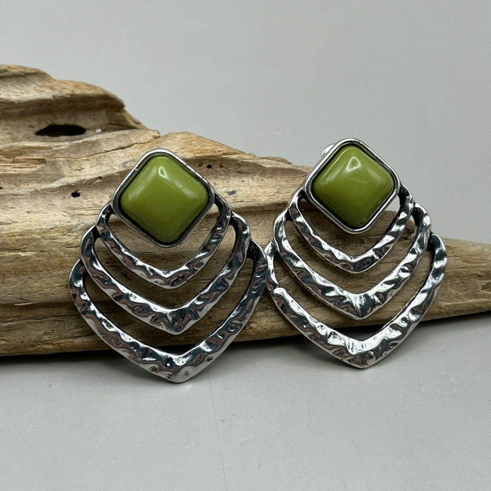 Silver and Green Geometric Earrings
